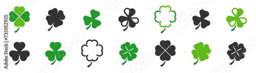 Clover icon set. St Patrick's day. Green clover icons. Four leaf clover. Vector illustration.