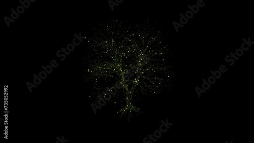 Vibrant green tree emerging from swirling particles, featuring camera zoom, rotate, and pan actions, with transparency channel included. photo
