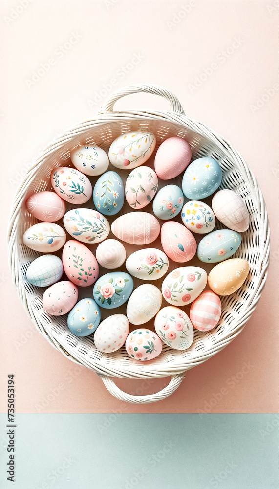 Artisanal Easter Egg Collection Presented in a White Wicker Basket Artisanal Easter Egg Collection Presented in a White Wicker Basket