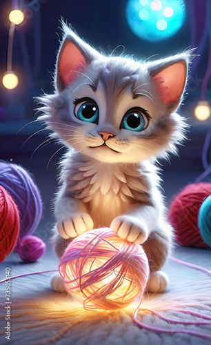 vector illustration, cute cheerful kitten playing with a ball of thread, children's picture for illustration, 3D rendering, sticker for children, background for smartphone or shorts,