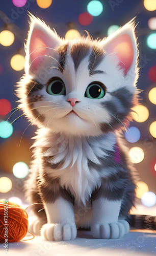 vector illustration, cute cheerful kitten playing with a ball of thread, children's picture for illustration, 3D rendering, sticker for children, background for smartphone or shorts,