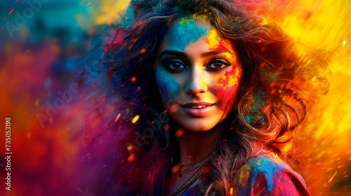 A woman's face, splashed with Holi's vibrant colors, radiates joy, capturing the essence of the festival's celebration of spring, love, and triumph of good.