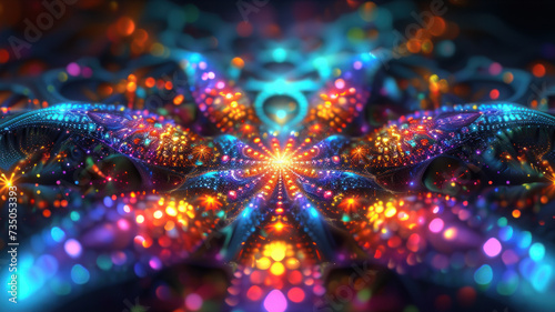 Psychedelic kaleidoscopic fractal glowing with neon lights