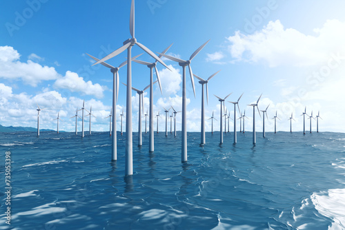 Many wind turbines installed in the ocean, standing tall against a backdrop of blue sky. symbolizes the vast potential of offshore wind energy for a sustainable future. 3D rendering.