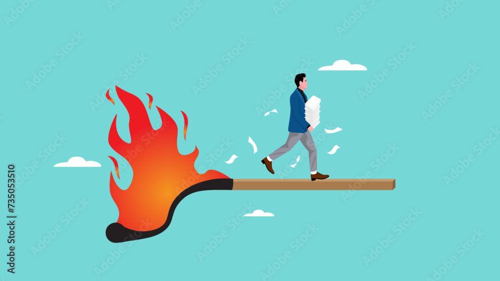 toxic productivity with the problem, panic employee and rush to complete many work tasks, multitasking with deadline, Panicked workers running on burning matchsticks while carrying multiple tasks - obrazy, fototapety, plakaty 