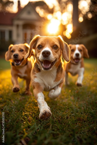 Running beagle dogs run on the green grass in summer