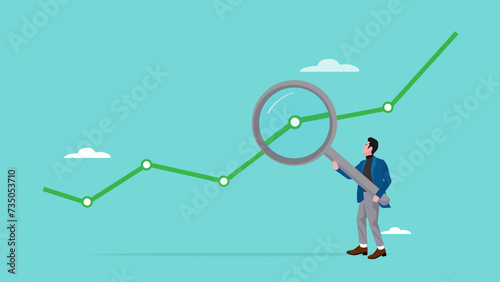 investment analysis statistic, financial investment business analysis, analyze stock market or crypto currency data movement, person with magnifying glass analyzes investment statistics graph