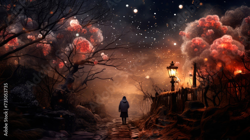A shadowy figure treads a snow-laden trail, fiery blossoms and an old lantern in hand, weaving a tale of mystery, warmth amidst the cold, and the allure of winter's past.