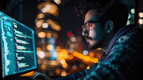Concentrated programmer coding on laptop with city lights reflected on screen at night
