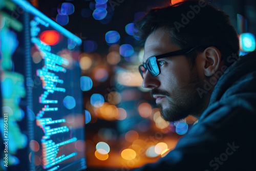 Male developer completely absorbed in coding on laptop with city lights reflecting on screen at night
