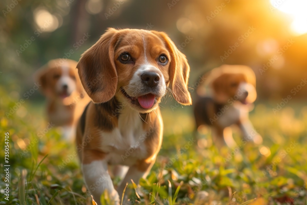 Running beagle dogs run on the green grass in summer