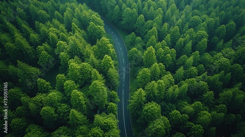 aerial view, green forest and asphalt road, forest road, top view through forest with ecosystem, healthy environment, road trip