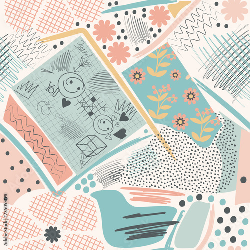 Abstract trendy creative universal seamless pattern, magazine collage style, Hand drawn hatchings design, sketch, manual art, neutral palette. Vector illustration.