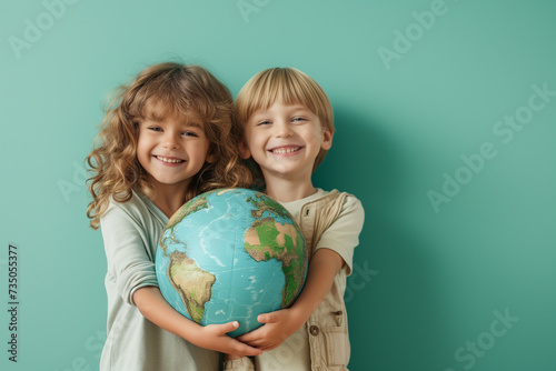 Kids embracing globe. Protecting planet together, environmental care. World Earth Day concept