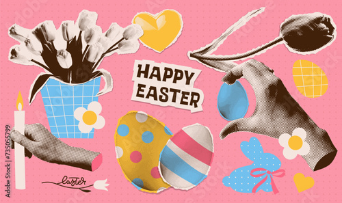 Minimal collage of traditional Easter elements set with april holiday tulips bunch, paper bunny, painted eggs with simple ornament. Halftone artwork torn paper stickers vector collection.