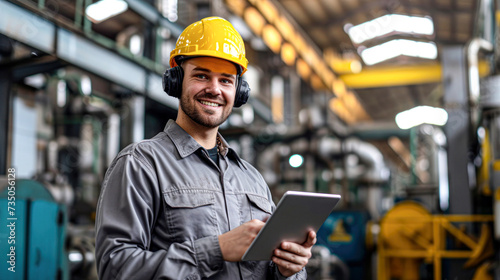 Young smiling industrial worker with safety helmet and ear protection using tablet in machinery background.
