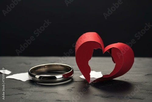 Symbolic representation of divorce featuring wedding rings, broken red heart on gray table with a paper cutout of a couple. Generative AI photo