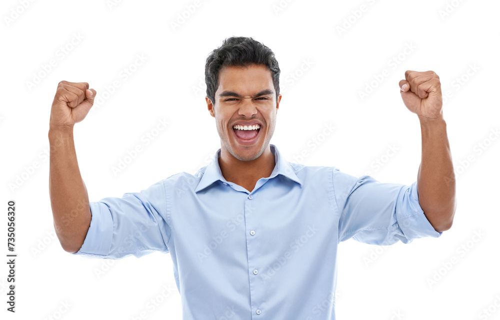 Success, winner and business man in studio for celebration, achievement or winning of bonus or happy sales. Excited employee with fist, yes and shouting for news or opportunity on a white background Success, winner and business man in studio for celebration, achievement or winning of bonus or happy sales. Excited employee with fist, yes and shouting for news or opportunity on a white background
