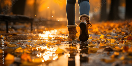 Autumn Jogger Running Through Fallen Leaves. wandering feet on wet ground with fallen leaves in autumn