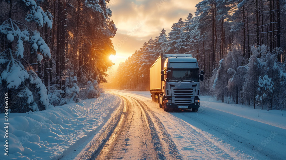 A truck driving on a snowy road in winter - obrazy, fototapety, plakaty 