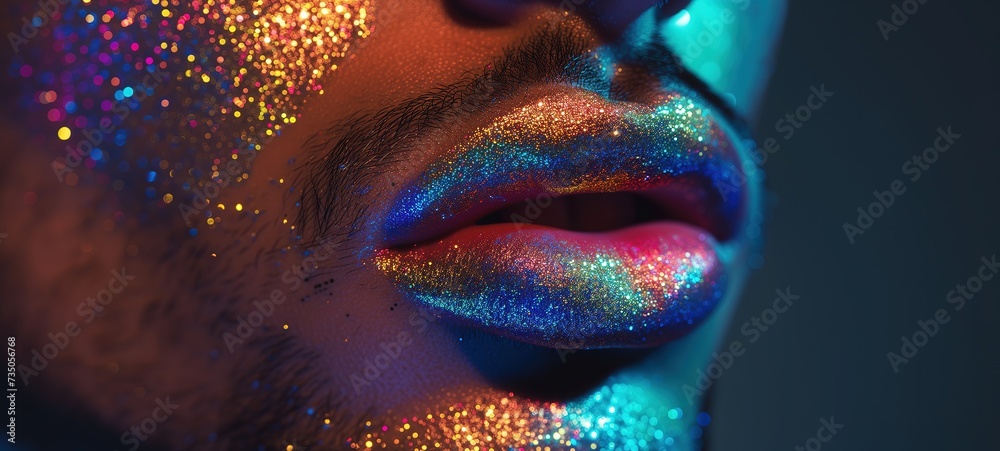 closeup man's lip with make up metallic iridescent rainbow glow, Generative Ai closeup man's lip with make up metallic iridescent rainbow glow, Generative Ai