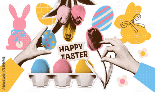 Contemporary art halftone vector paper collage of hands holding an egg, tulip flower and festive elements of Easter bunny, flower bunch. Happy Easter concept. Vector trendy vintage illustration.