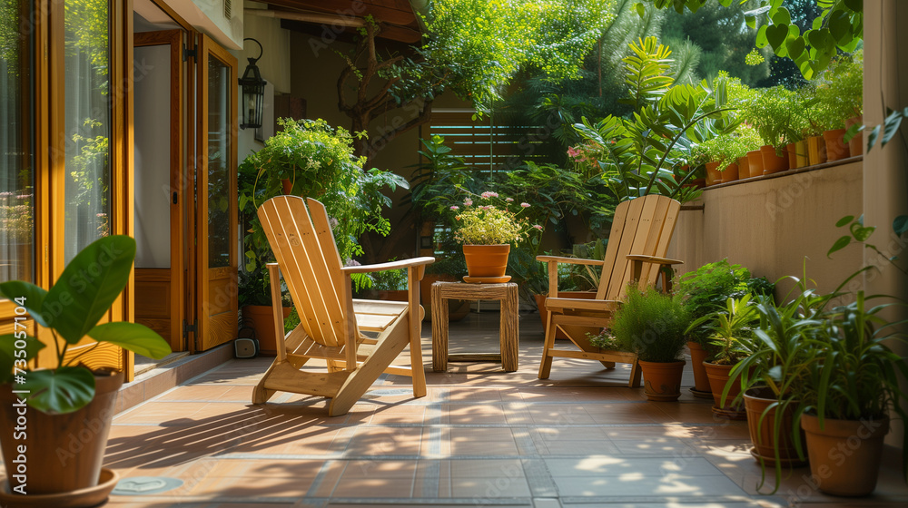 Tranquil Home Terrace with Modern Wooden Chairs and Lush Greenery - Contemporary Outdoor Living and Home Decor Concept