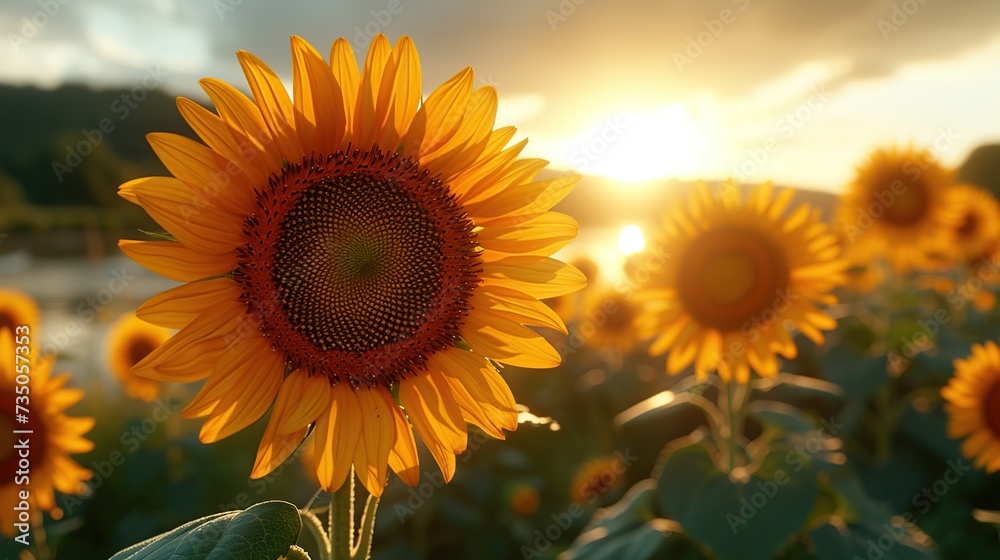 Obraz premium Close-up of sunflowers over the sunset sky.