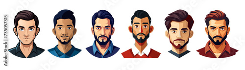 Set of vector human face portraits. Six different Young's heads. Male face logo. Vector illustration of male face.