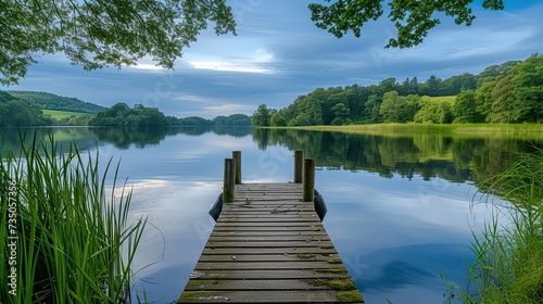 Idyllic lakeside scene with a wooden jetty surrounded by lush greenery under a peaceful sky.