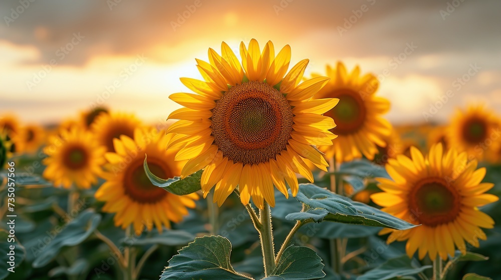 Close-up of sunflowers over the sunset sky.