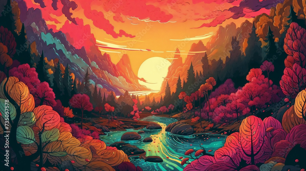 a painting of a river surrounded by trees and rocks at sunset with a red sky and sun setting over the mountains, generative ai