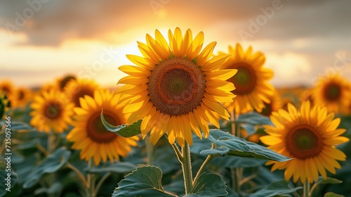 Close-up of sunflowers over the sunset sky. © Morng