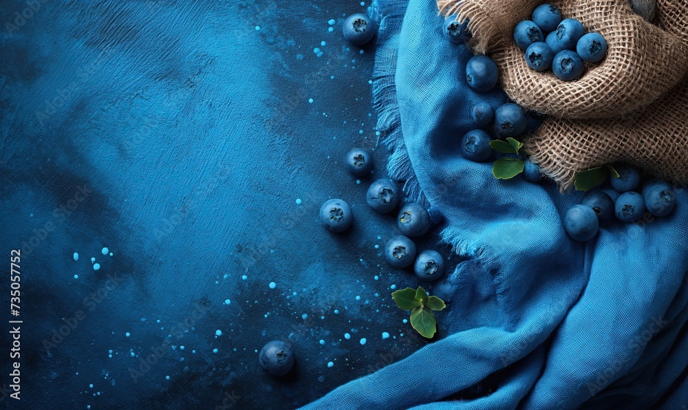 Fototapeta premium Scattered blueberry on burlap and blue background.