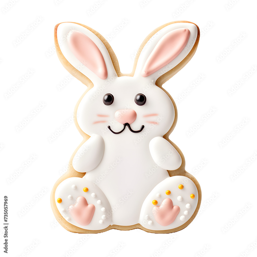 Decorated easter bunny cookies with white icing and colorful details isolated on a transparent background