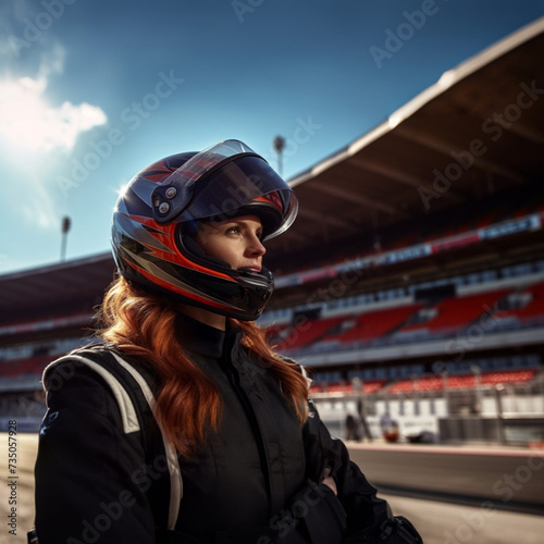 photo of a race track in the city: a red-haired racer in a special suit, holding a helmet with goggles in her hand, bold energy, sunny spring day © Iulia