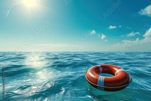 Dancing on the waves: A lifebuoy floats on the expansive sea, its shadow playing across the rippling water.