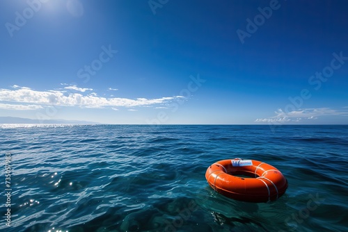 Playful serenity: A lifebuoy at sea, under the clear blue sky, casting a delightful shadow on the waves.