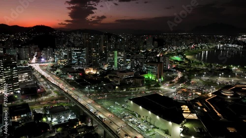 Night City At Vitoria Espirito Santo Brazil. Cultural Heritage High Rise Buildings. Night Building Downtown Cityscape. Night Outdoor Downtown Illuminated Famous. photo