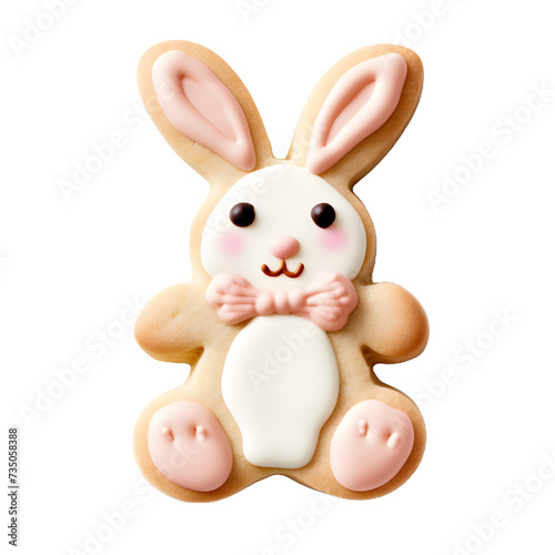Decorated easter bunny cookies with white icing and colorful details isolated on a transparent background