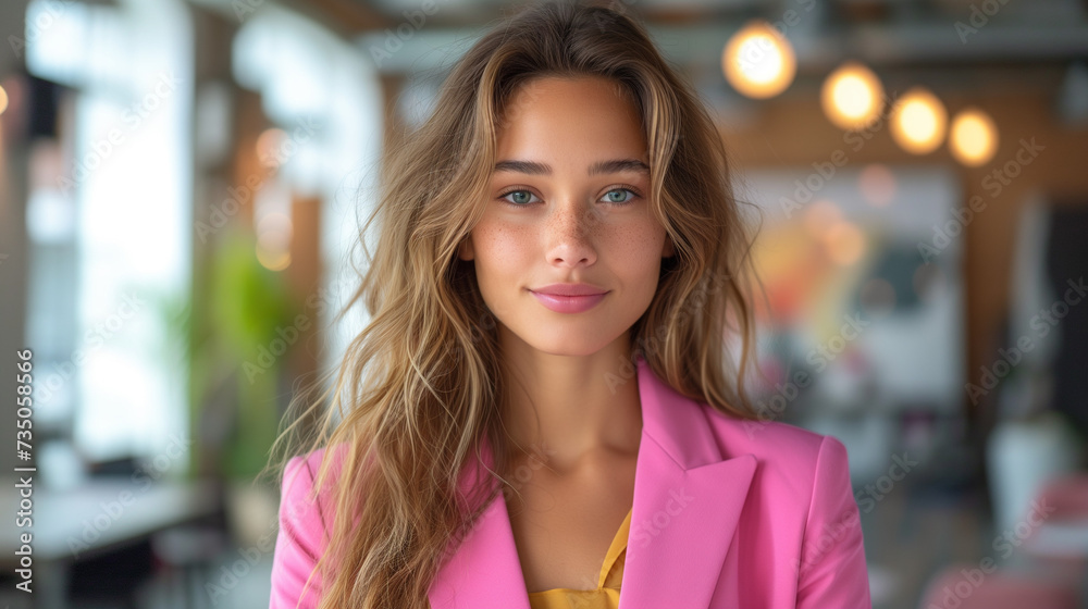 Business woman wearing pink blazer with office background, Ai generated image