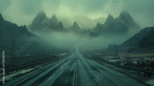Desolate highway leading towards fog-shrouded mountains