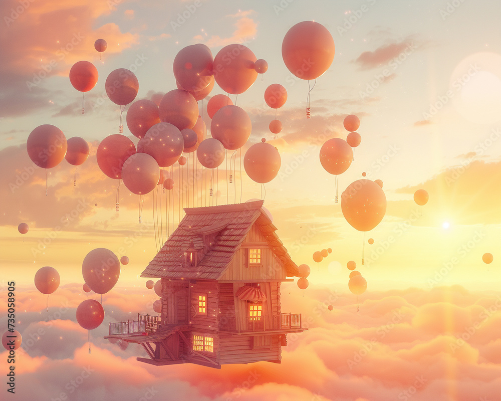 A cozy wooden house ascending gently tethered to countless balloons against a sunset backdrop A cozy wooden house ascending gently tethered to countless balloons against a sunset backdrop