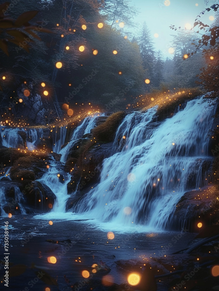 Obraz premium A fairytale come to life at a glowing waterfall fireflies adding magic to the mysterious scene