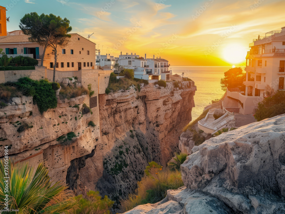 Buildings perched on a cliffside overlooking the sea at sunset.
