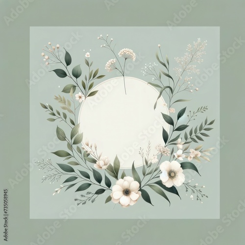 Elegant minimal florals and greens, central blank space, uniform solid color background  for text or design