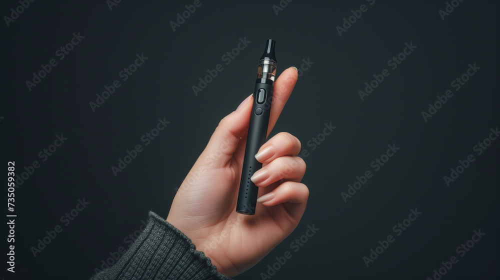 Une femme tient une cigarette électronique dans sa main sur un fond noir - obrazy, fototapety, plakaty 
