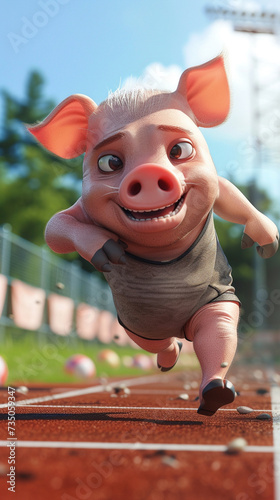 A pig in workout clothes jogging on a track visibly tired but smiling