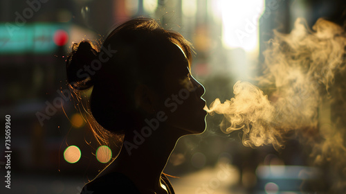 Silhouette d'une femme fumeuse en ombre chinoise crache de la fumée de cigarette 