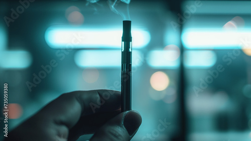 Un homme tient une cigarette électronique dans sa main sur un fond urbain 